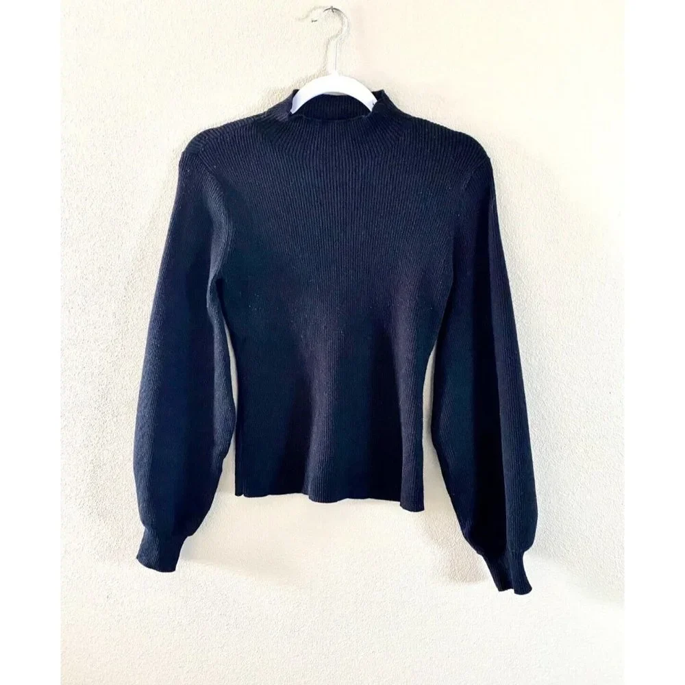 L'Academie Womens Sweater Size XS Black Wool Blend Mock Neck Balloon Sleeve